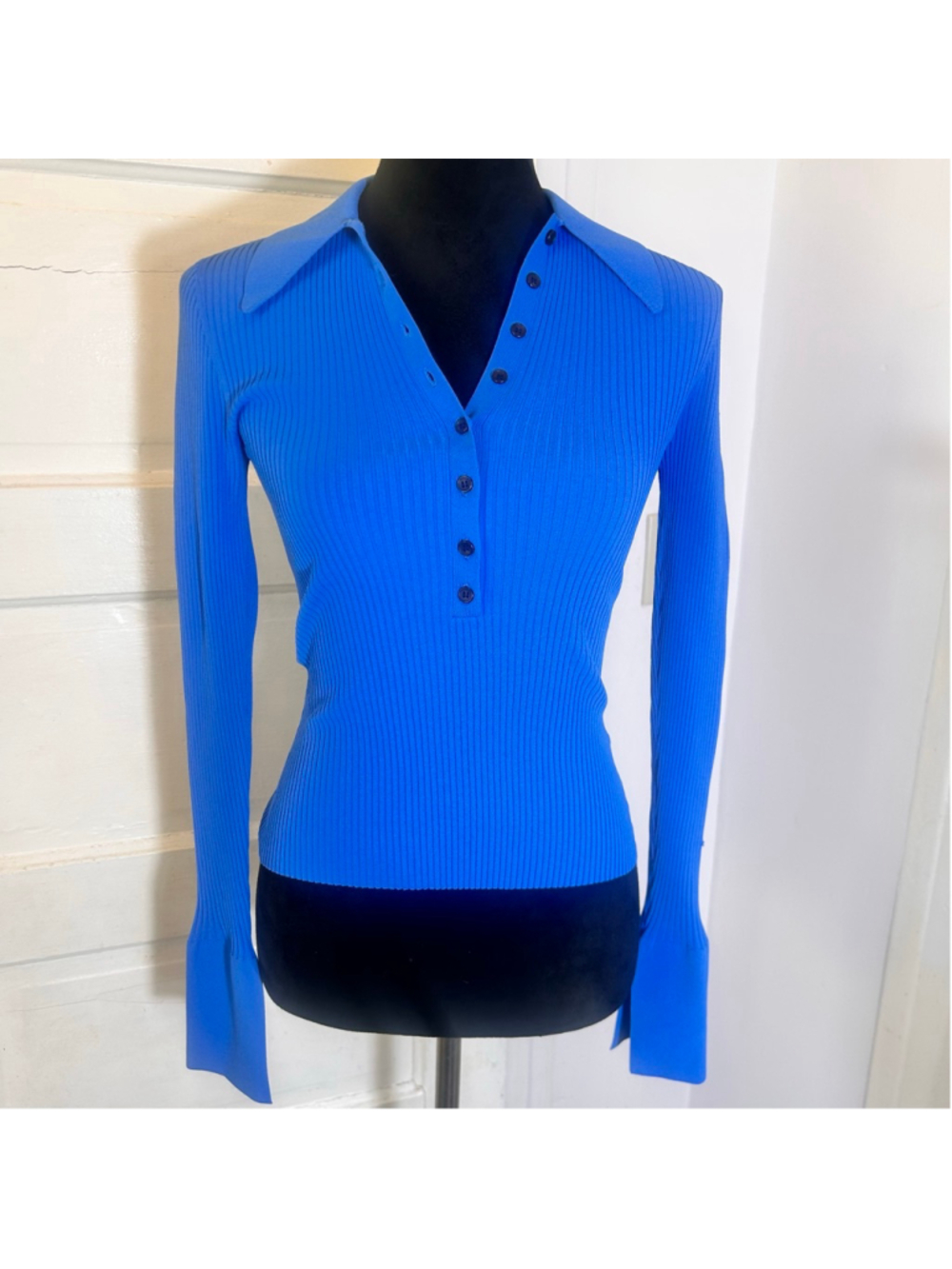 Women's A.L.C. Collared Blue Ribbed Long Sleeve SweaterAcademia XS